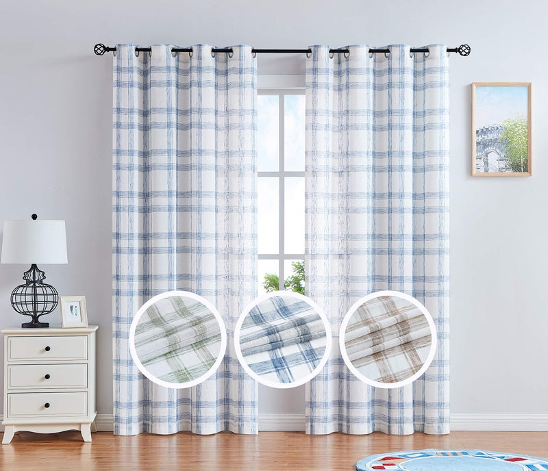 Randall Buffalo Plaid Semi Sheer Curtains for Living Room Linen-Look Geometric Light Filtering Dining Room Window Drape for Farmhouse Bedroom Study Room,Blue/White,54x84 inch Long,2 Panels - Image 1